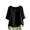 thumbnail image 2 of HOMBOM Womens Tops Summer Rolled Sleeve Short Sleeve Cotton Linen Crewneck Black Solid T Shirts for Ladies, 2 of 5