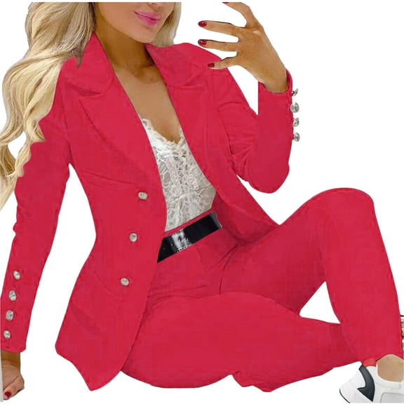 ICHUANYI Women's Trendy Office Wear Solid 2 Piece Sets Long Sleeve Blazer and Sweatpants Outfits Fall Winter Clothing