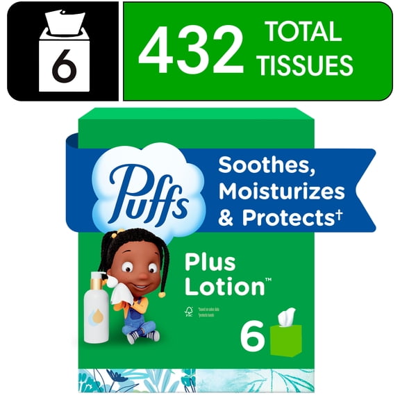 Puffs Facial Tissue Plus Lotion, 6 Mega Cube Boxes, 72 Tissues Per Box