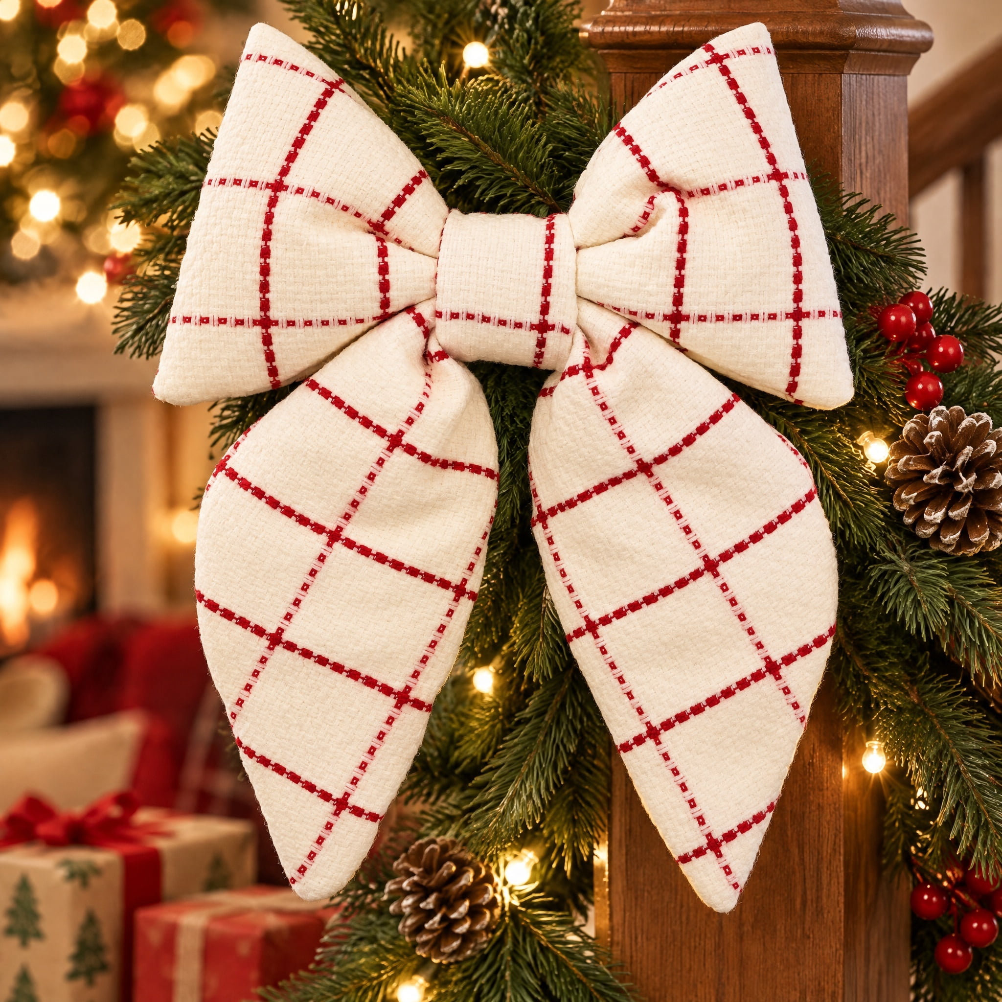 Red and White Plaid Decorative Christmas Bow, 15.5", by Holiday Time