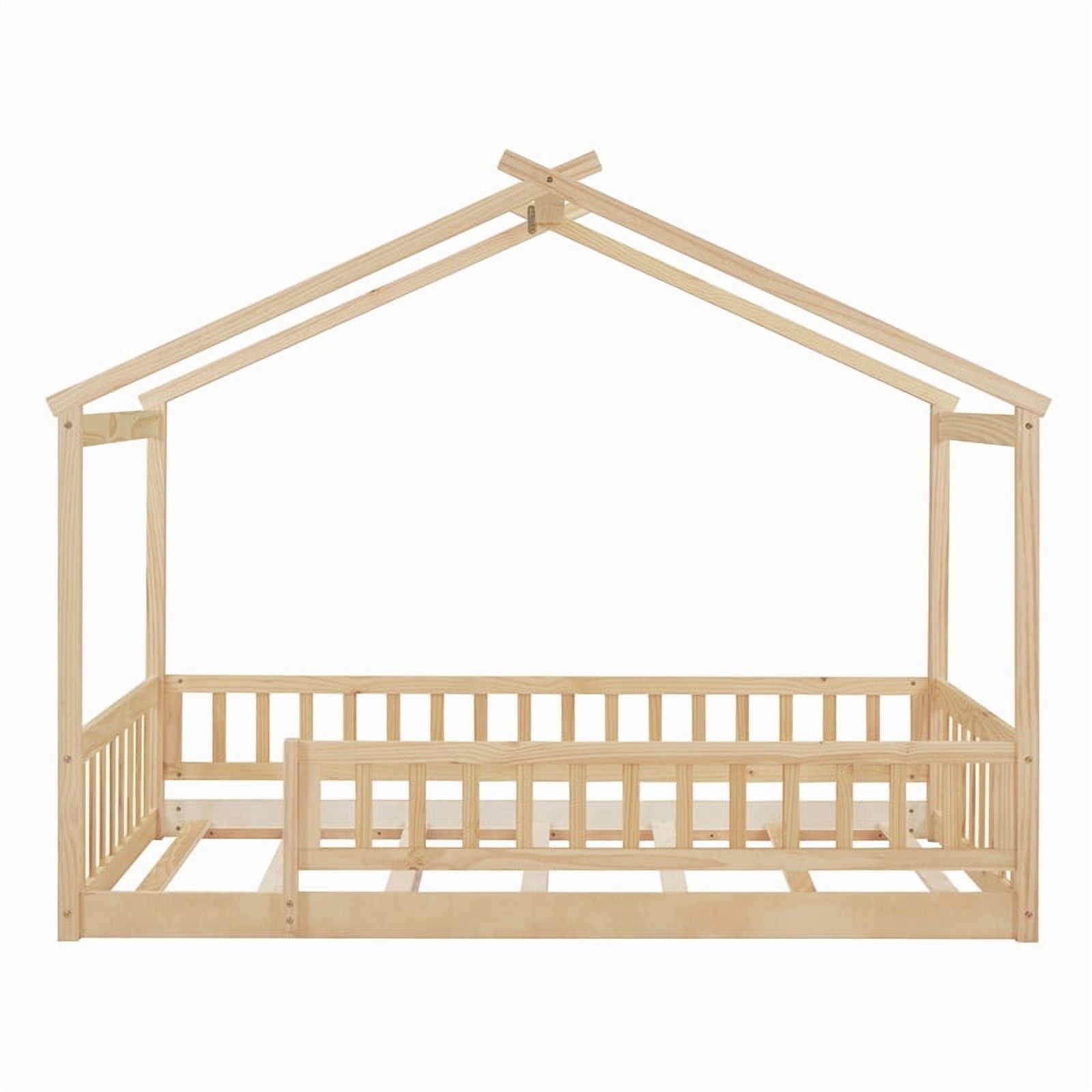 Twin Size Wood House Bed Floor Bed with Fence and Guardrails, Kids Playhouse Bed Toddler Bed Montessori Bed for Kids Boys Girls, No Box Spring Needed