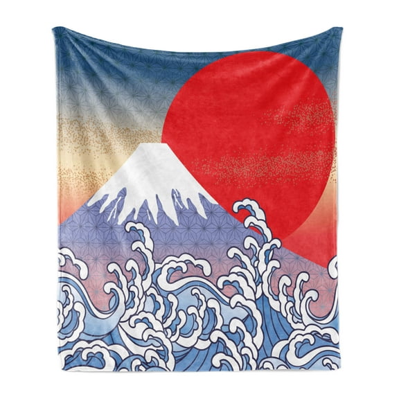 Mountain Soft Flannel Fleece Throw Blanket, Japanese Abstract Ornament with Wave off Kanagawa Hokusai Illustration, Cozy Plush for Indoor and Outdoor Use, 50" x 60", Multicolor, by Ambesonne