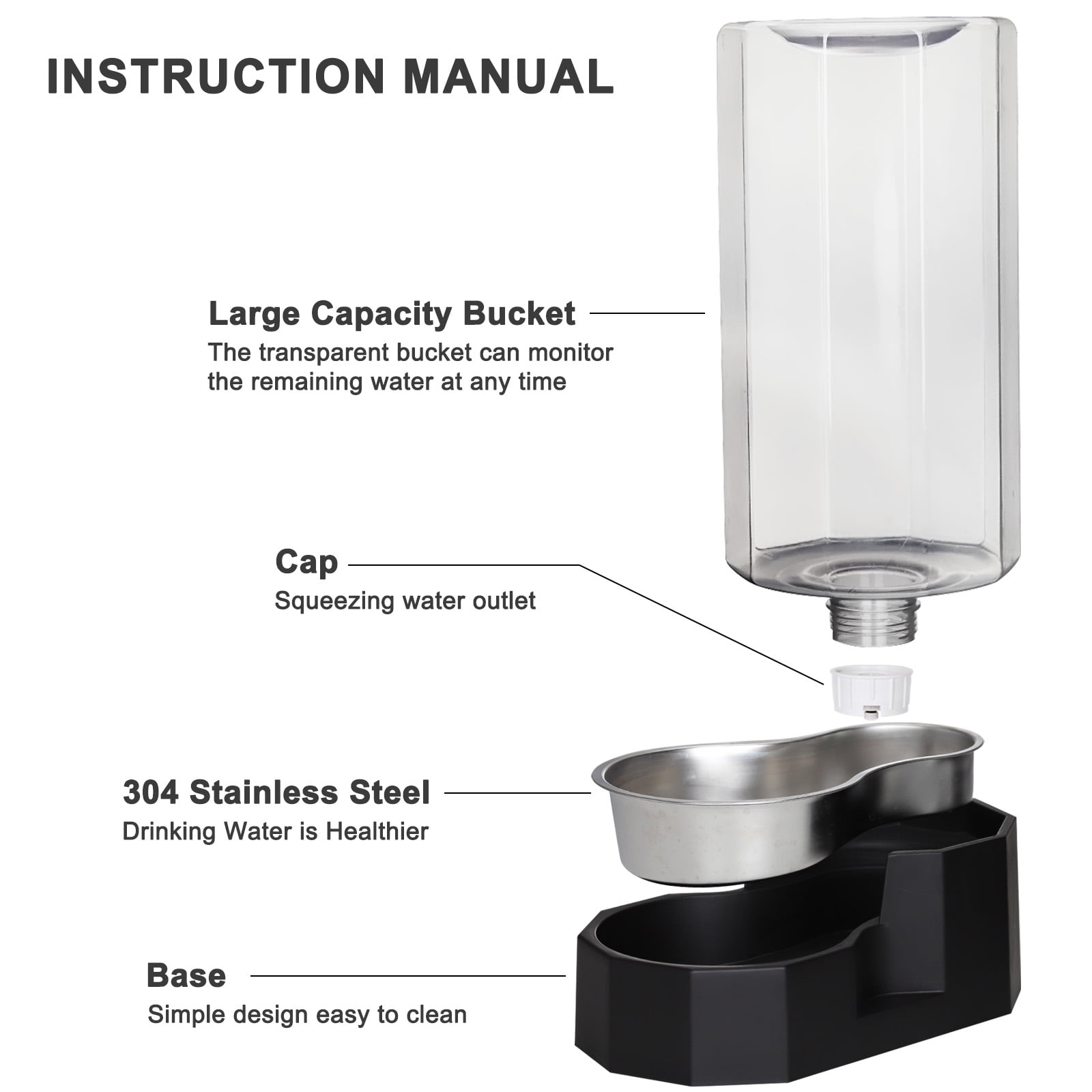 RIZZARI 9L Black Pet Water Dispenser - Automatic Stainless Steel Gravity Pet Feeder for Medium and Large-Sized Dogs and Cats