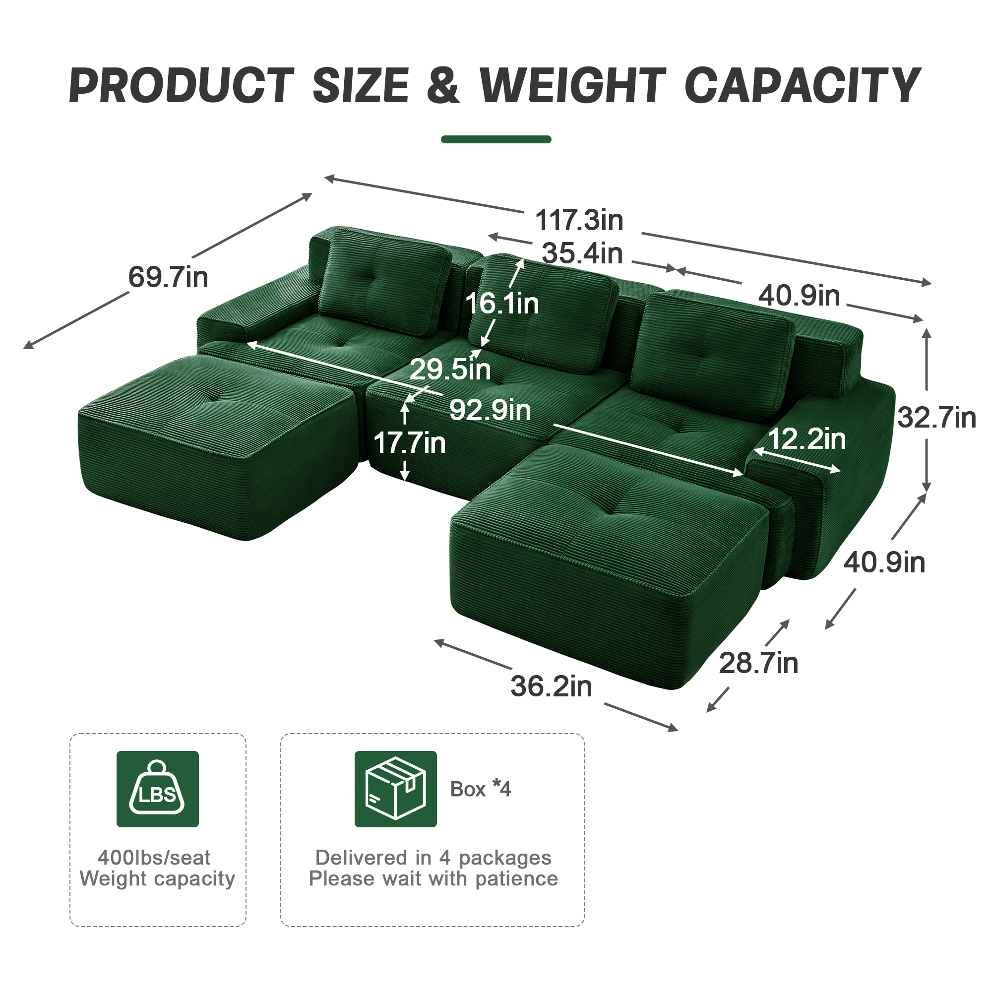 MOONMISS 117" Modern Corduroy Boneless Love Seat Couches with 2 Ottoman, 3 Seater Large Sectional Couches for Living Room, No Assembly,Green