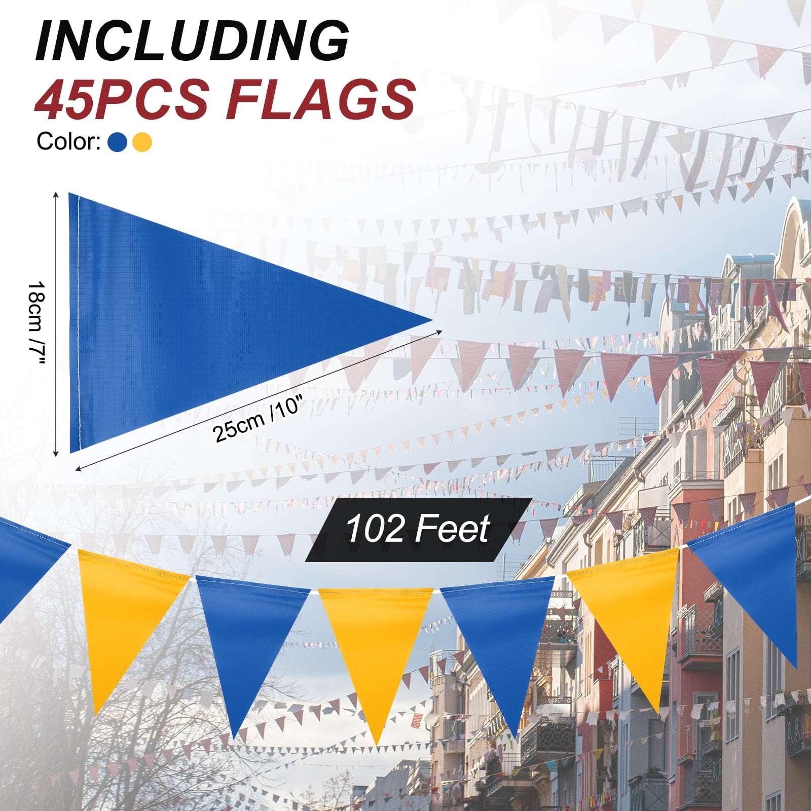 Uxcell 102Ft Pennant Banner Flags, 7"x10" Warning Flags for Construction Site Blue/Yellow