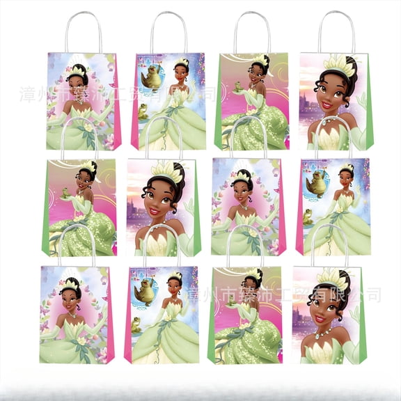 12 Pcs Princess and The Frog Party Gift Bags Kraft Birthday Favors Candy Bags with Handle Tiana Birthday Party Decoration