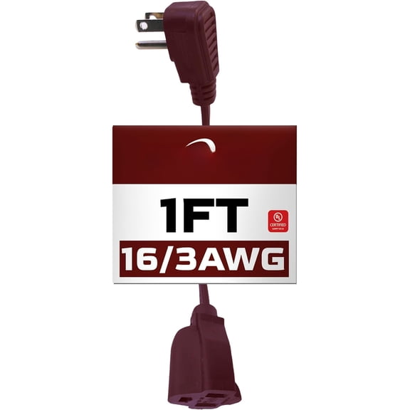 Brown Flat Plug Extension Cord 1 ft, 16/3 SPT-3 Indoor Extension Cord 13A 3 Prong Power Cord for Kitchens, Behind Furniture, Office,