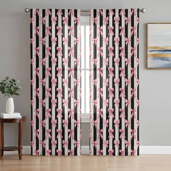 Pink Bow Sheer Curtains 96 Inch Length 2 Panels Set, Black Beige Vintage Striped Sweet Art Voile Window Treatment Semi Sheer Long Curtains Drapes for Bedroom/Living Room/Kitchen 52"x96"x2