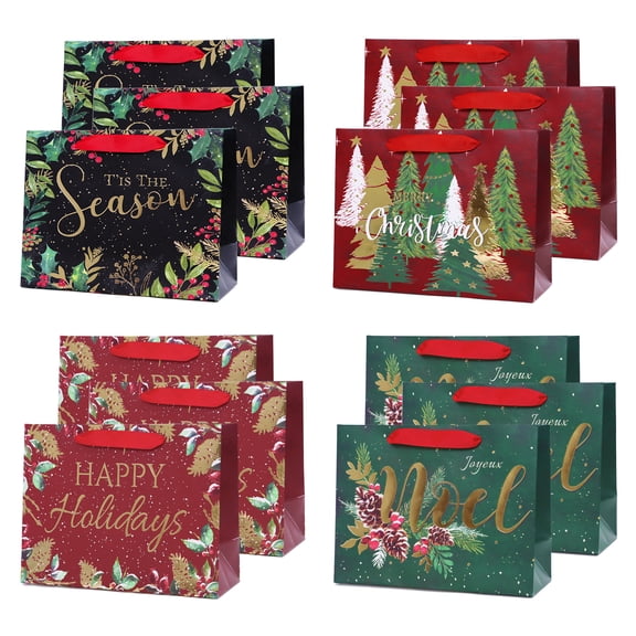 PAPER FAIR 12Pcs Red Green Metallic Gold Christmas Gift Bags Bulk, Medium 9x7 In, Gilded Xmas Tree Noel Gift Wrap Bags Mistletoe Foiled Paper Favor Bag Gift Packaging for Thanksgiving Holiday New Year