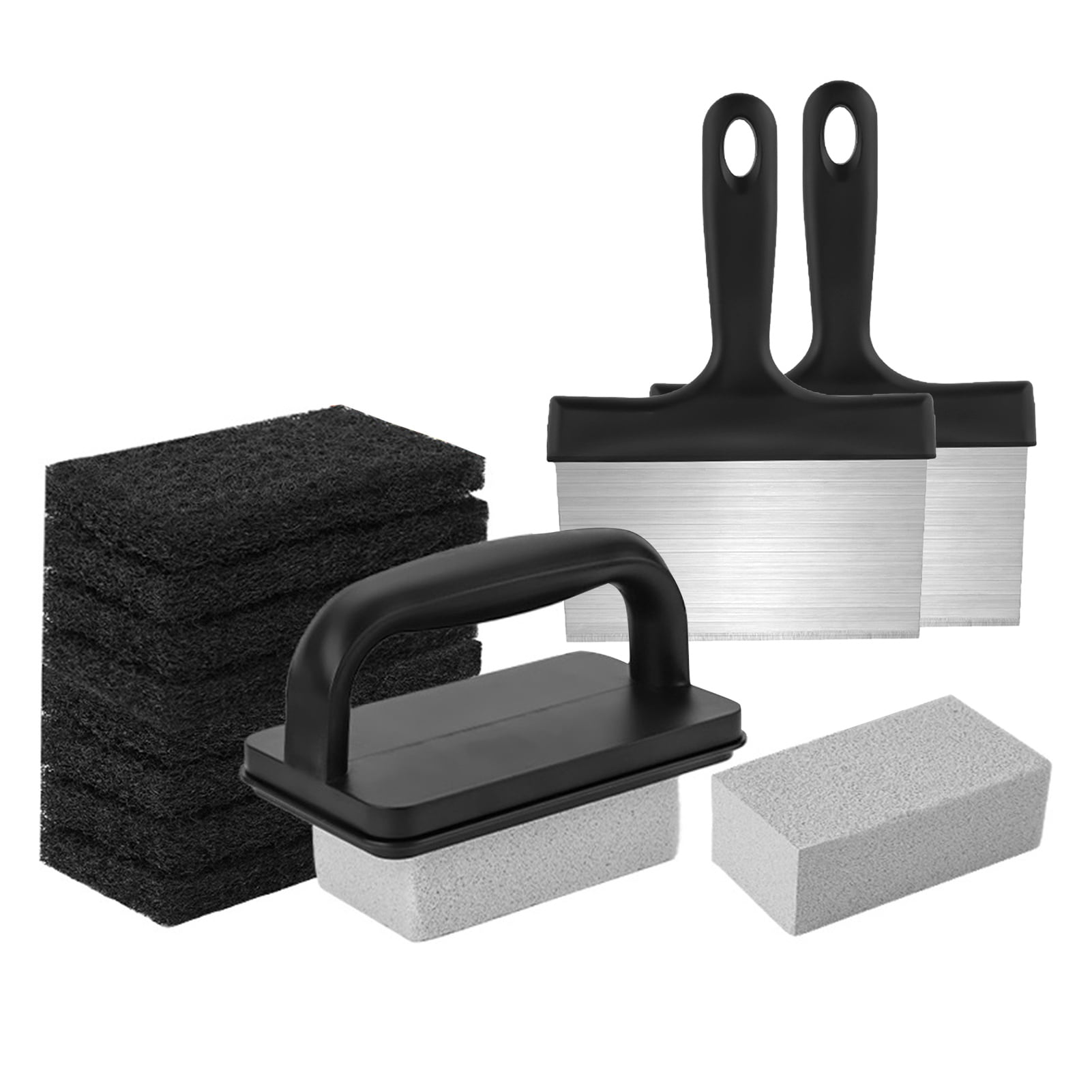 Opvise 1 Set BBQ Griddle Cleaning Tool Kit with Handle Scraper Scouring Pad Pumice Stone Brush Multifunctional Barbecue Flat Top Grill Cleaner Kit Sets