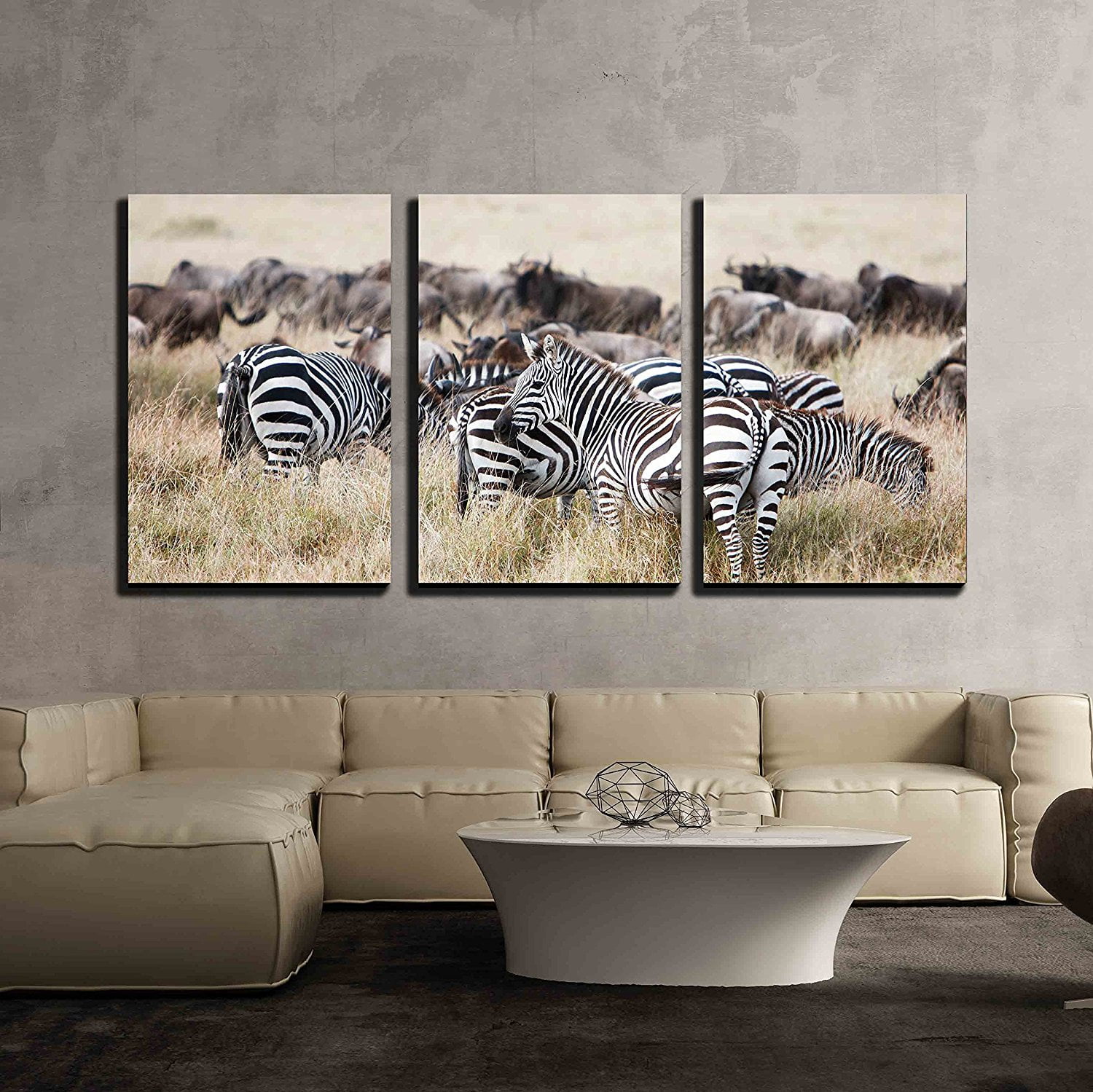 wall26 3 Piece Canvas Wall Art - Herd of Wildebeest and Zebra Grazing ...