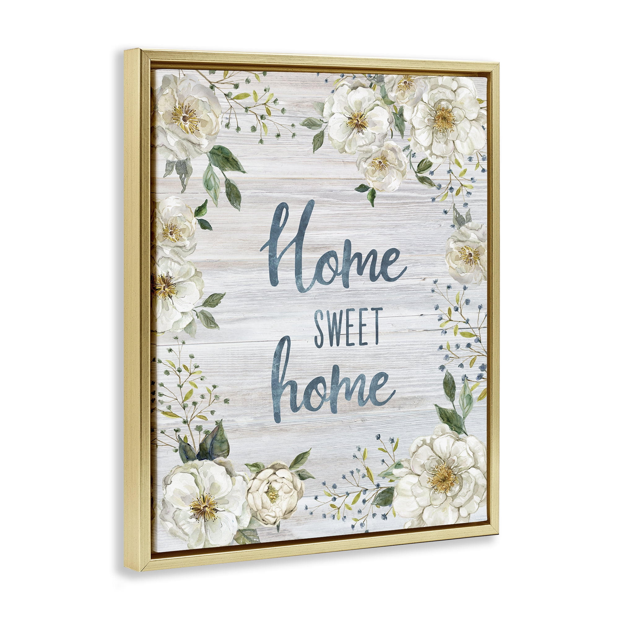 Stupell Industries Sweet Home Shabby Chic Plants & Flowers Painting Gold Floater Framed Canvas Art Print Wall Art, 25 x 31