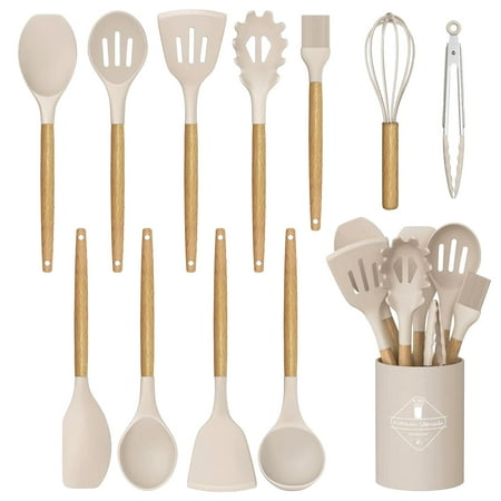 

Kitchen Cooking Utensils Set - 12 pcs 446°F Heat Non-Stick Silicone Cooking Utensils Set With Wooden Handles and Holder Kitchen Utensils Set for Nonstick Cookware Dishwasher Safe (Khaki) C49