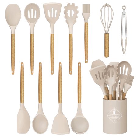 Kitchen Cooking Utensils Set - 12 pcs 446°F Heat Non-Stick Silicone Cooking Utensils Set With Wooden Handles and Holder Kitchen Utensils Set for Nonstick Cookware Dishwasher Safe (Khaki) C49