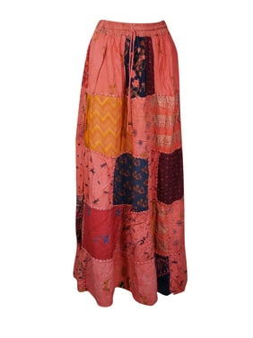 Mogul Women Red Maxi Skirt Patchwork Handmade Vintage Ethnic Style Boho Chic Long Skirts S/M