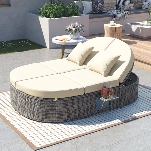 2-Person Outdoor Sun Bed Patio Daybed with Adjustable Backrest, Foldable Cup Trays, PE Rattan, 6 Cushions & Pillows for Poolside Lawn Garden