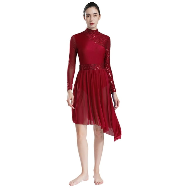 Miaeowve Costumes de Danse Lyrique pour Femmes Paillettes Brillantes Robe de Bal Bourgogne P