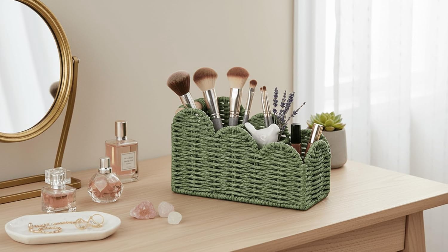 Scalloped TV Bedside Candy Organizer, Office Desk Storage Organizer Accessories, Pen Pencil Cup, Makeup Brush Holder, Fits Farmhouse Rustic Decor, Earth Friendly, Green