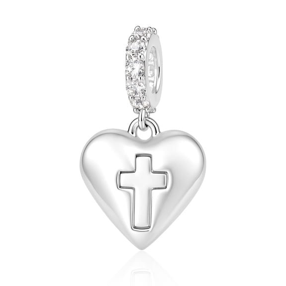 925 Sterling Silver Faith Heart Cross Dangle Charm For Bracelets & Bangle Pendant Jewelry
