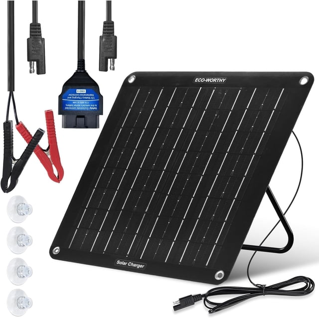 ECO-WORTHY Solar Battery Charger, 10W 12V Trickle Charger Maintainer with Upgrade OBD, Portable Bracket, Waterproof Solar Panel for RV, Mot
