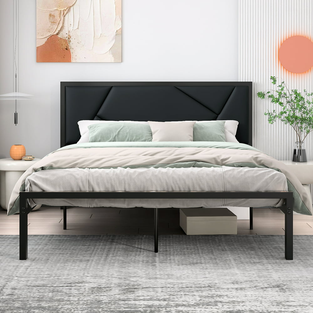 Amolife Queen Size Metal Bed Frame with Litchi Grain Leather Geometric