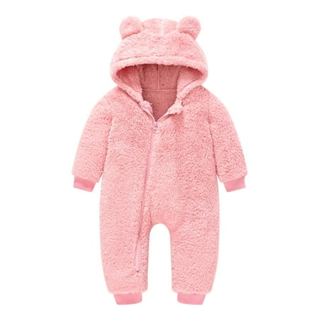 

Kid s Hooded Plush Jumpsuit with Cute Bear Ears Hood Zipper Onesie Pajamas Long Sleeve for Sleeping Daily Solid Color Winter Bodysuit Child s Home Suit Pink 100