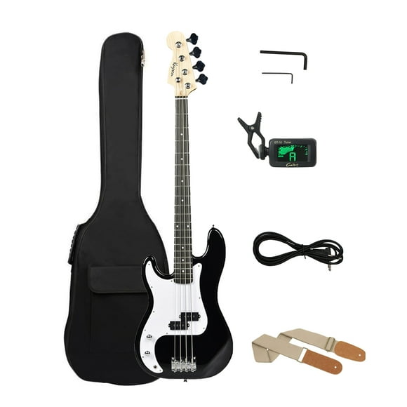 Left handed Bass Guitar 4 string full size PB for Beginners Intermediate players with Gig bag Clip Tuner Strap Cable cord (Black)