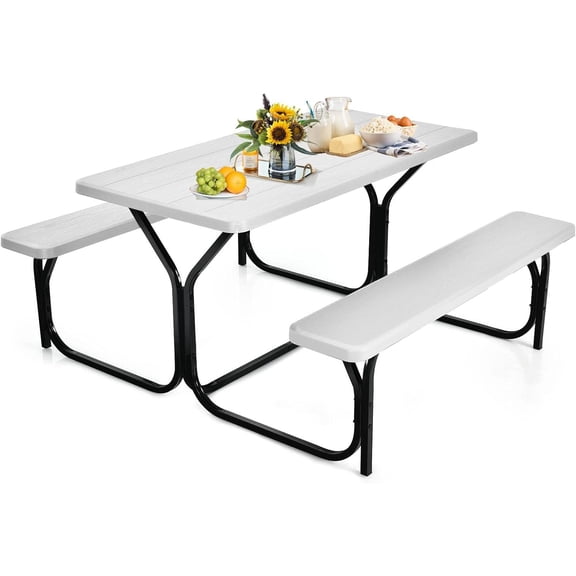 ORALNER Picnic Table, Resin Dining Table & 2 Benches Set, Weather Resistant Wood Grain Plastic Tabletop & Steel Frame, Picnic Tables for Outdoors, Porch Yard Patio Lawn Party Camping (White)