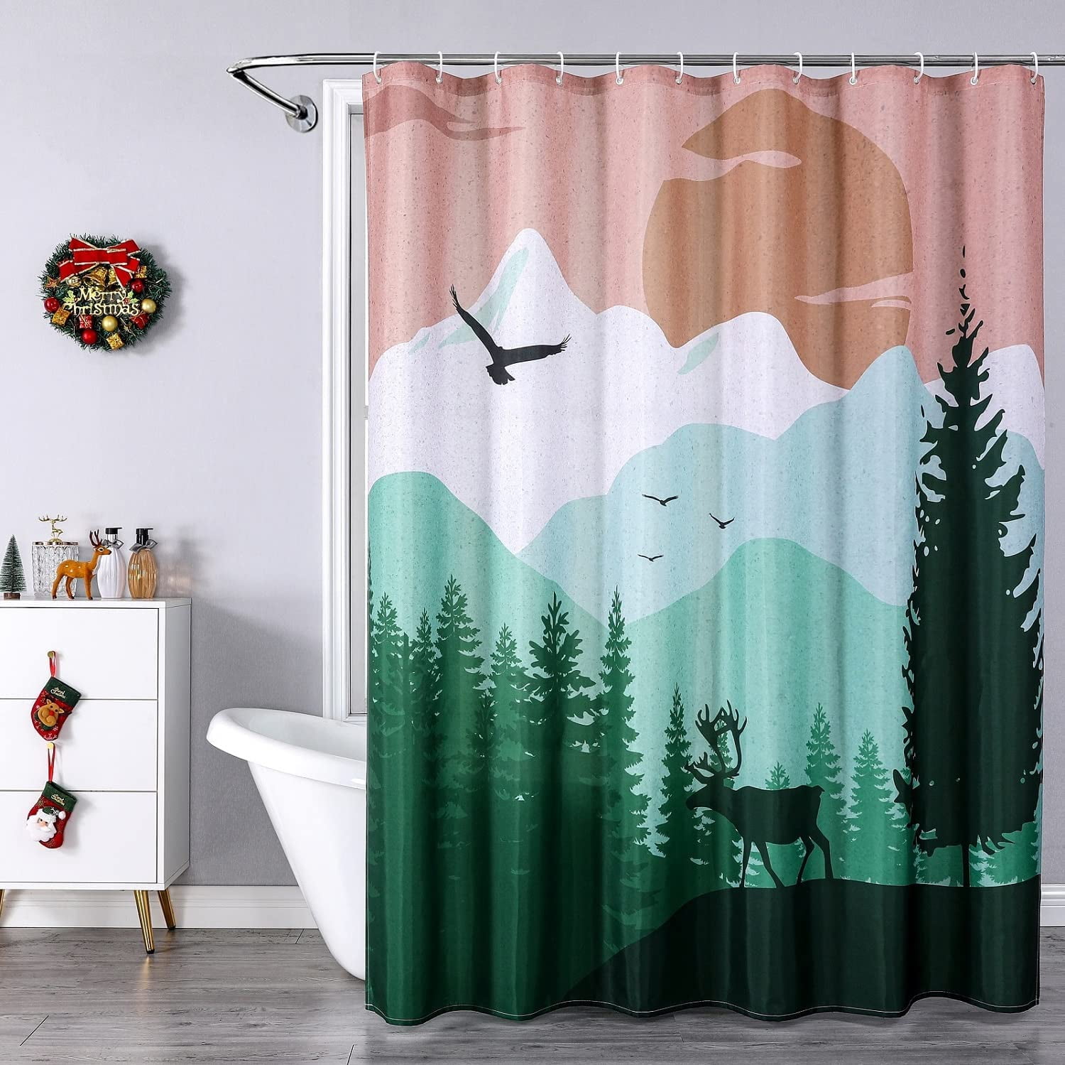 Shower Curtain Tree Forest Snow Mountain Winter Shower Curtain, Green