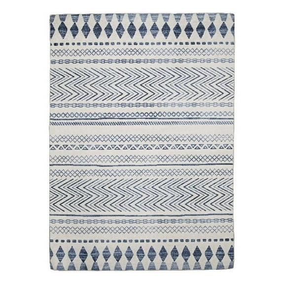 Linon Indoor Outdoor Machine Washable Skip Area 7'x9' Rug in Ivory and Blue