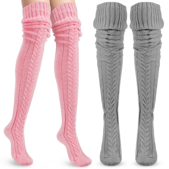 2 pares de calcetines por encima de la rodilla, calcetines de punto, calcetines altos, calcetines peludos para mujer, calentadores de piernas, medias de punto, calcetines esponjosos