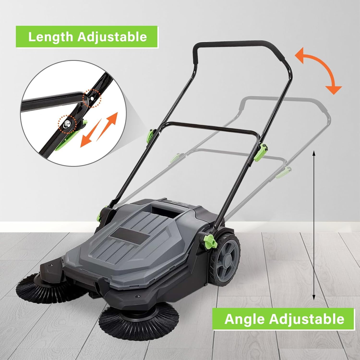 Walk-behind Hand Push Floor Sweeper, 25.6" Sweeping Width Floor Sweeper Manual Non-Electric, 5-Gallon Waste Container, Angle & Height Adjustable Folding Handle for Walkway, Yard, Garage, Patio