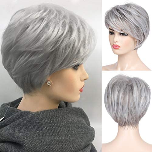 Peluca Baruisi gris, peluca sintética Natural de capas cortas con flequillo, peluca de pelo de repuesto resistente al calor para mujeres