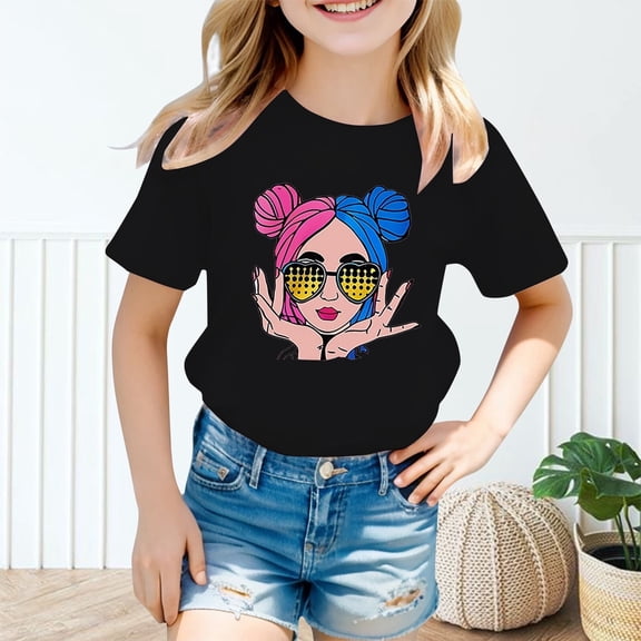 Aihuaihua Girl's Graphic Tees Crew Neck Short Sleeve Cute Summer Tops Multicolor Print T Shirts Black,7-8 Years