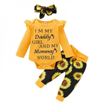 

Bullpiano Baby Girl Romper Set Infant Jumpsuits Bow knot Headband Letter Yellow Long Short Sleeve Ruffle Floral Pants Girls Outfits Set