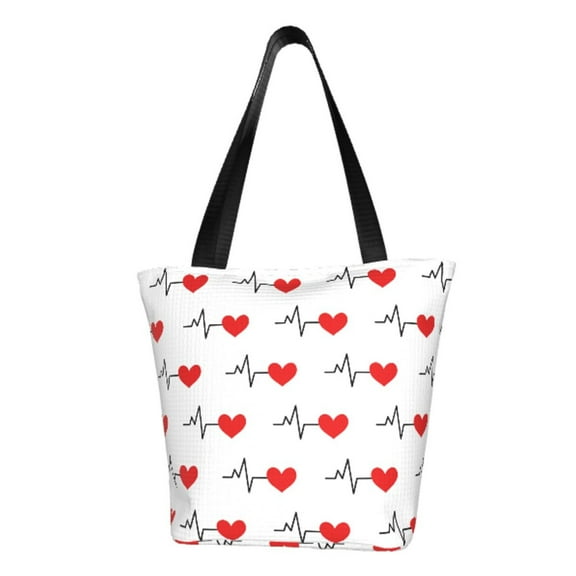Easygdp Heartbeat Symbol Stylish Canvas Handbag Shoulder Tote Bag, Shopping Bag with Zip, Suitable for Buying Groceries, Office, Fitness