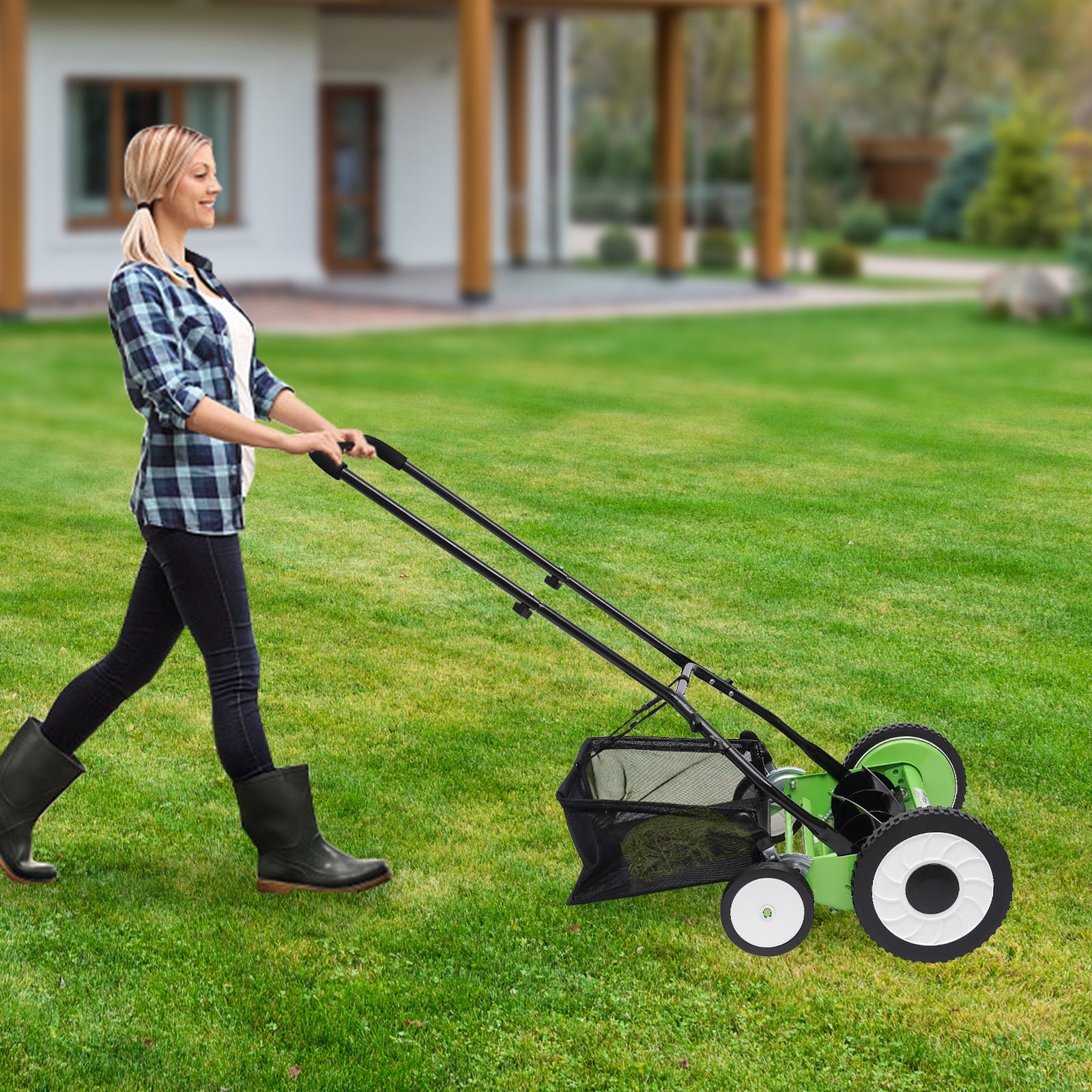 ChicHomey 16"Cordless Manual Reel Lawn Mower,5-Blades Lawn Mover Adjustable Cutting Height Grass Cutter with Grass Catcher, Green
