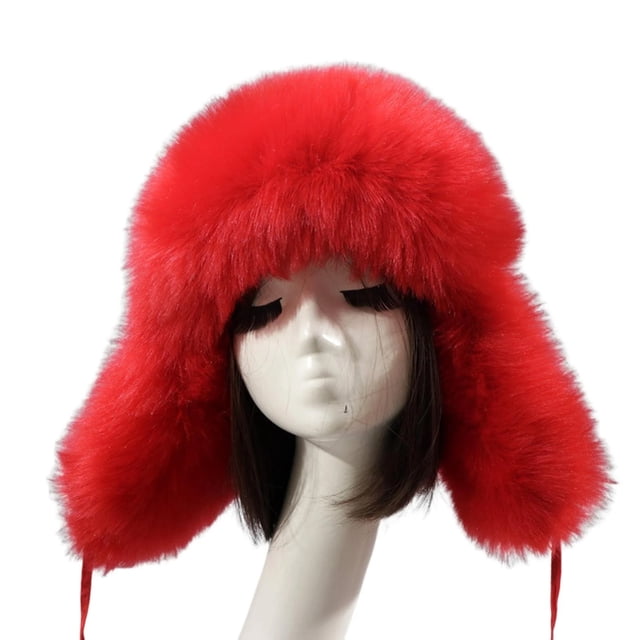 Faux Snow Trapper Hat With Ear For Skiing Head Circumference Bomber Hats beanies hats Red