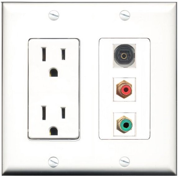 RiteAV - 15 Amp Power Outlet 1 Port RCA Red 1 Port RCA Green 1 Port Toslink Decorative Wall Plate