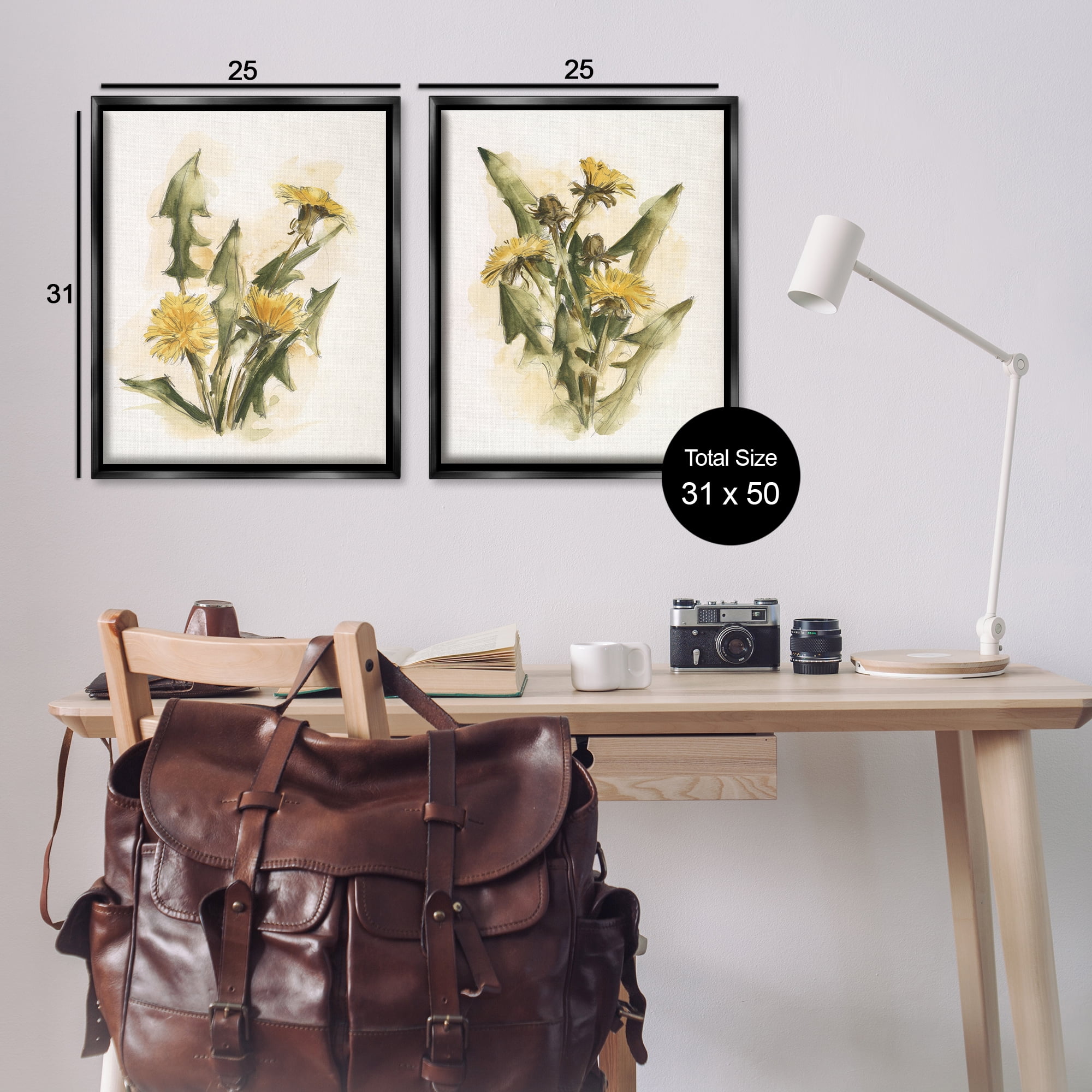 Stupell Industries Dandelion Watercolor Sketch Plants & Flowers Painting Black Floater Framed Canvas Art Print Wall Art, 31 x 25, Set of 2