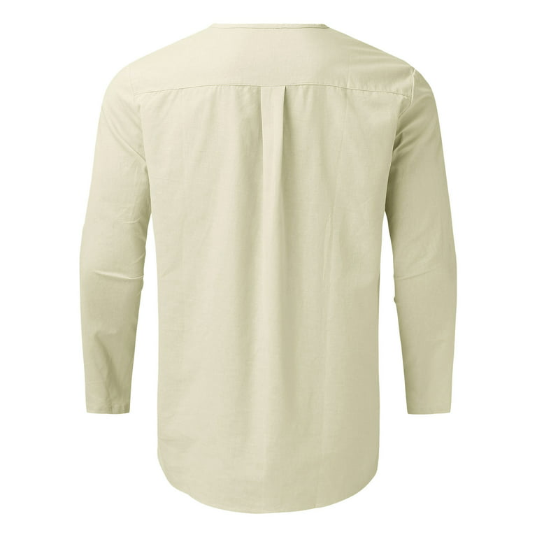 Men Pieces Cotton Linen Set Henley Shirt Long Sleeve And Casual Beach Pants