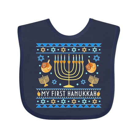 

Inktastic My 1st Hanukkah Sweater Style Design Menorah and Dreidels Gift Baby Boy or Baby Girl Bib