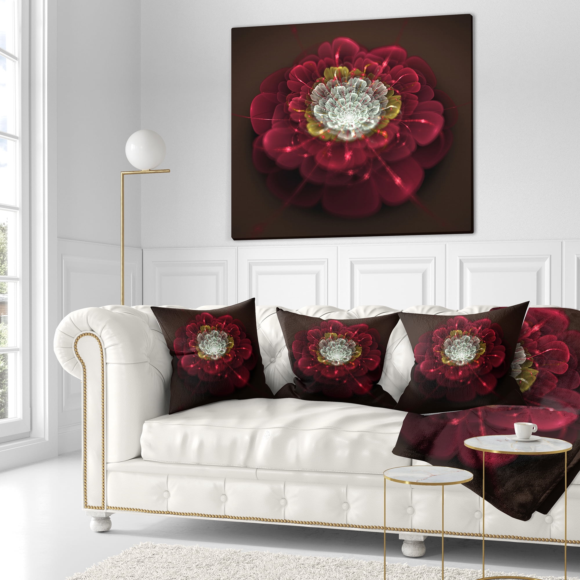 Designart Red Fractal Flower with White - Floral Throw Pillow - 18x18