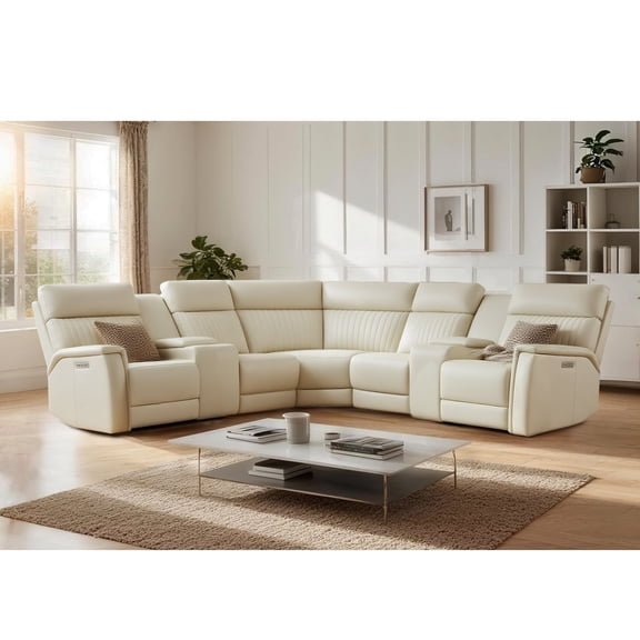 117" Leather Reclining Sectional, 3 Power Recliners, Adjustable Lumbar Support & Headrest, USB&USB-C Port
