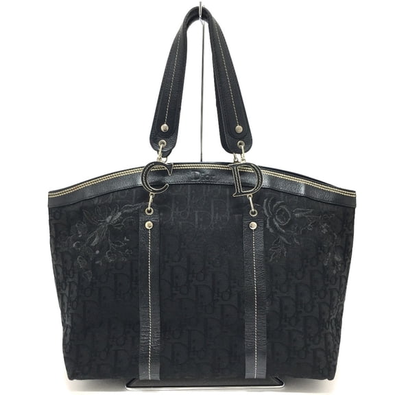 Pre-Owned Christian CHRISTIAN DIOR Flower embroidery bag shawl Tote Bag Black (Good)