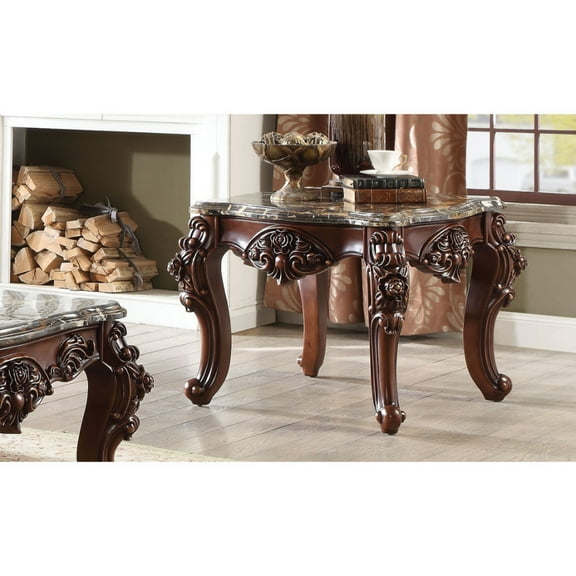 ACME Forsythia Square End Table with Queen Anne Legs in Marble and Walnut