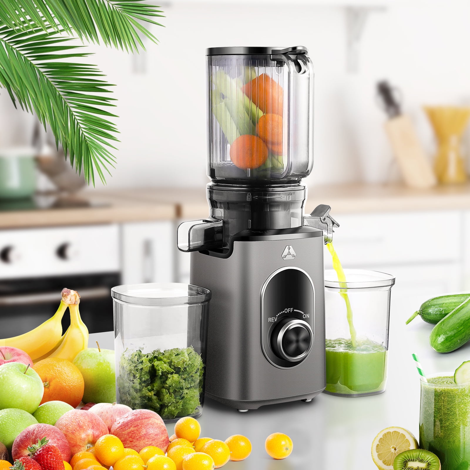 Sunmaki Juicer Machine, Portable Cold Press Juicer with 4.3" Large Feed Chute for Fruits and Vegetables,Easy to Clean 100W, Grey