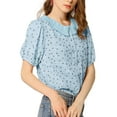 thumbnail image 6 of INSPIRE CHIC Women's Floral Puff Sleeves Pleated Collar Button Down Shirt S Light Blue, 6 of 9