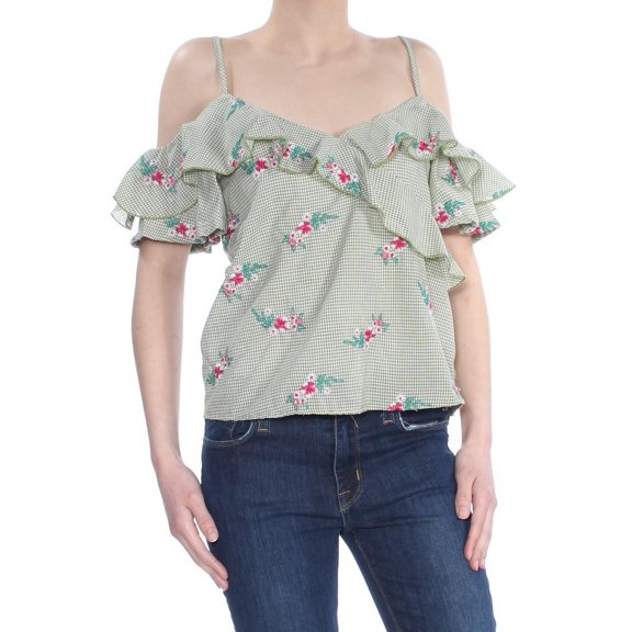 GYPSIES & MOONDUST Womens Green Embroidered Check Off Shoulder Top Juniors XS