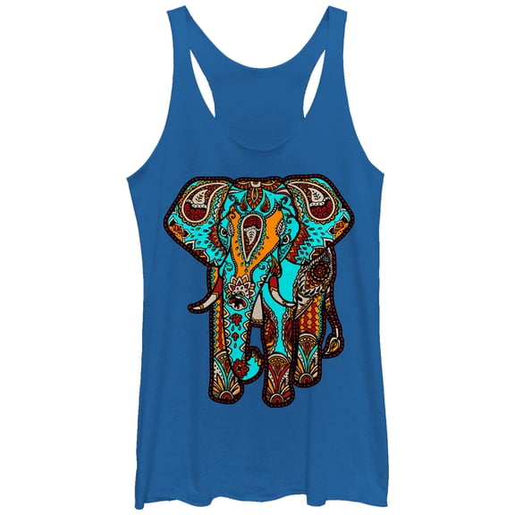 Women's Lost Gods Henna Elephant Print  Racerback Tank Top Royal Blue Heather Small